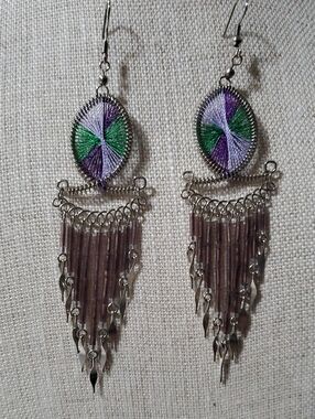 Handcrafted Purple & Green Thread Fringe Dangle Earrings
